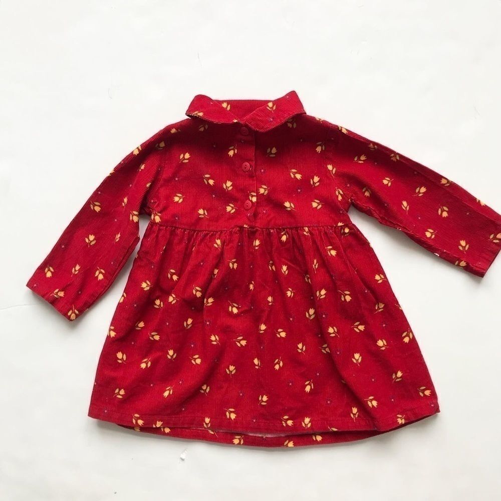 Vintage Red corduroy tulip print collar dress 24m